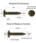 Size Six By Five Eighths Pyramid Head Phillips Wood Screws Crafted From Tough Steel Sporting A Top Shelf Antique Brass Finish In Pack Of Twenty Five dimensions and measurement guide