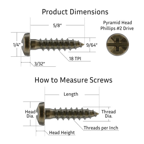 Size Six By Five Eighths Pyramid Head Phillips Wood Screws Crafted From Tough Steel Sporting A Top Shelf Antique Brass Finish In Pack Of Twenty Five dimensions and measurement guide