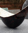 Slick Black 20 Inch Legit Marble Vessel Sink With Mother Of Pearl Overlay, glossy finish, modern design for bathroom decor.