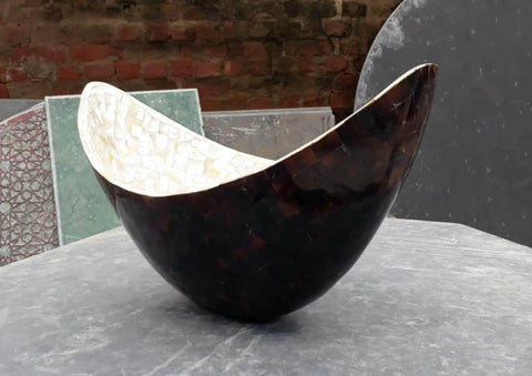 Slick Black 20 Inch Legit Marble Vessel Sink With Mother Of Pearl Overlay, glossy finish, modern design for bathroom decor.