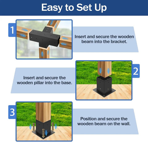 Heavy Duty Pergola Bracket Kit With 15 Degree Slanted Roof Wall Mount, 4 Way Post Base For 4 By 4 Beams, Rust Resistant Carbon Steel, Easy Install For Gazebos, Patio Pergolas, And Log Cabins