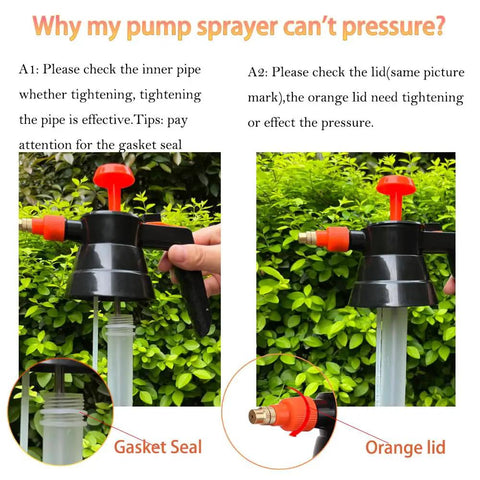 Troubleshooting Two Pack 2L Handheld Garden Pump Sprayers With Adjustable Brass Nozzle, gasket seal and orange lid details