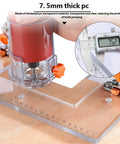Rock Solid Heavy Duty Adjustable Wood Drawer Slide Jig With Dead On Positioning Clips, clear base and router in use for alignment.