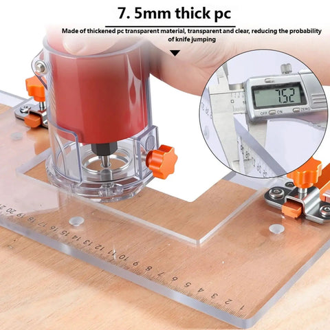 Rock Solid Heavy Duty Adjustable Wood Drawer Slide Jig With Dead On Positioning Clips, clear base and router in use for alignment.