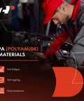 Technician working with PA (Polyamide) materials highlighting anti-fatigue, anti-ageing, and heat resistance features.