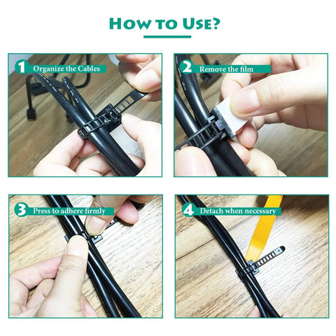 Step-by-step guide using 25 Pack Adhesive Nylon Cable Zip Ties And Cord Clips For Desk Cable Management on black cables.