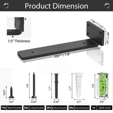 Set Of 6 8 Inch Heavy Duty Hidden L Shelf Brackets For Floating Shelves Supports Up To 200 Pounds With dimensions and screws displayed