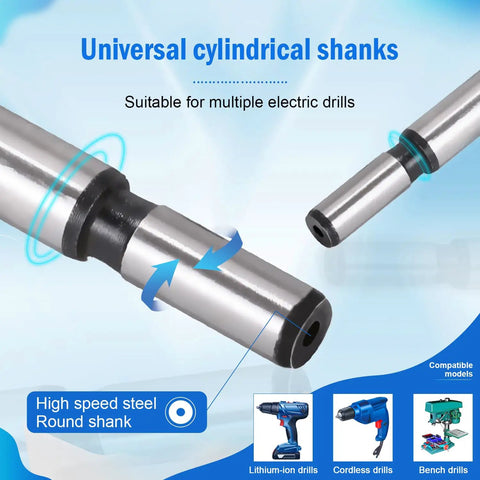 Universal cylindrical shanks for heavy duty carbon steel Forstner drill bit compatible with various electric drills.