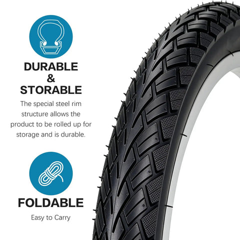 Close-up of black Foldable Bike Tire Set 16/20/24/26x1.75 Inch with durability and foldability text.