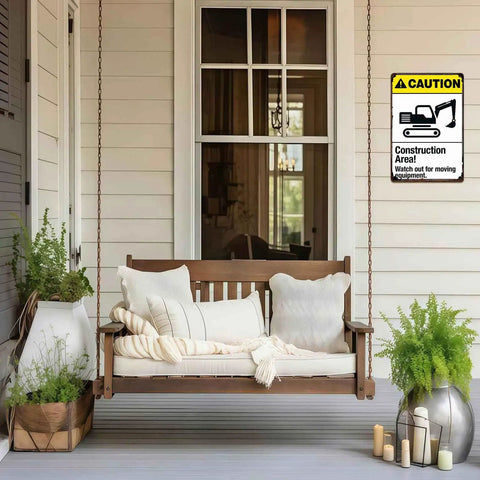 Warning Construction Area Sign Aluminum 8x12 Inch Watch For Moving Equipment Outdoor Work Zone Public Access Area Durable Rust Resistant Job Site Safety Notice displayed on a porch wall.