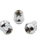 Chrome M14x1.5 Lug Nuts 25mm Long Open End Bulge Acorn Style 7 Spline displayed on white background