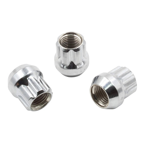 Chrome M14x1.5 Lug Nuts 25mm Long Open End Bulge Acorn Style 7 Spline displayed on white background