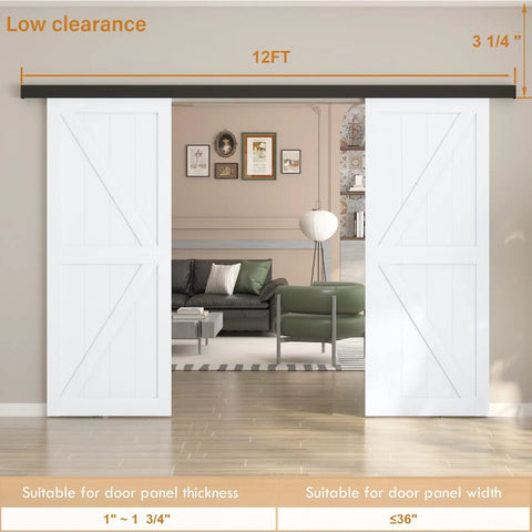 Low Profile 12 Foot Double Barn Door Hardware Kit in Aluminum Alloy Box Rail Track for Wooden Doors installed view