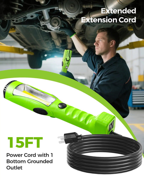 Mechanic using 18W COB LED Work Light With 15ft Cord, 2000 Lumens Handheld Underhood Trouble Light, Green, in auto repair shop