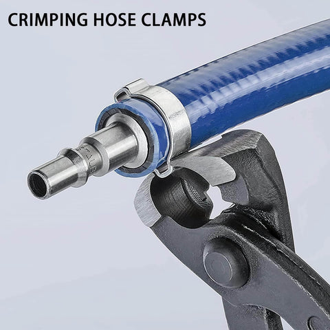 10 Inch Ear Clamp Pliers With Chrome Vanadium Steel Crimper Tool showing clamping a hose with ergonomic lever for strong grip