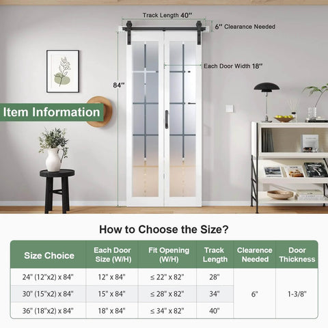 Bifold Barn Door 36x84 Inch Double 18x84 Transparent White Frosted Glass Cross Sliding Door With 40 Inch Hardware Kit Included