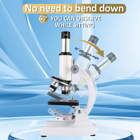 Kid Friendly For All Ages 40x To 2000x Microscope With Phone Adapter And Slides Set For School, Lab And Home Education, 45° adjustable angle