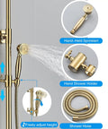 Gold Finish 8 Inch LED Light Rainfall Shower Head 3 Way Shower System With Handheld Shower And Tub Spout features overview.
