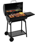28 Inch Barrel Charcoal Grill with Warming Rack and 626 Sq In of Cooking Space for Backyard BBQs Black with food on grates