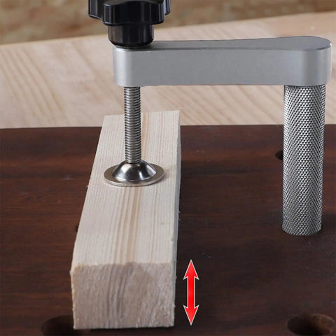 Two Pack Woodworking Bench Dog Clamp Set For DIY Projects securing a wooden block on a benchtop, 19mm aluminum alloy clamp visible