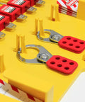 Close-up of Lockout Tagout Station With Cover For Wall Mount Includes 10 Keyed Padlocks 2 Lockout Hasps 24 Safety Tags