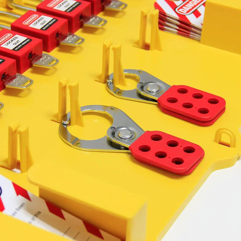 Close-up of Lockout Tagout Station With Cover For Wall Mount Includes 10 Keyed Padlocks 2 Lockout Hasps 24 Safety Tags