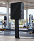 Heavy Duty Outdoor EV Charger Cover With Waterproof Lockable Shell And Worry Free Mount Base For NACS J1772 Plugs, shown at charging station.