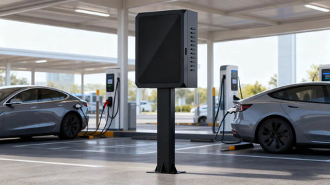 Heavy Duty Outdoor EV Charger Cover With Waterproof Lockable Shell And Worry Free Mount Base For NACS J1772 Plugs, shown at charging station.