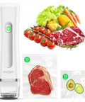 Portable Vacuum Sealer For Food With Detachable And Visible Water Tank, Compact, white device with vacuum-sealed meat and vegetables