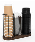 Three Compartment Coffee Cup And Lid Holder With Wooden Base, Go To Countertop Coffee Station Organizer, Durable Dispenser For Cups Lids And Straws, Fits Up To 16oz Coffee Cups