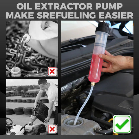 200cc Fluid Extractor Syringe Oil Pump with 23 Inch Flexible Hose in use for car maintenance.