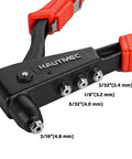 Heavy Duty Pop Rivet Gun Kit Workhorse With 120 Pieces Rivets And 4 Interchangeable Heads, close-up showing rivet sizes