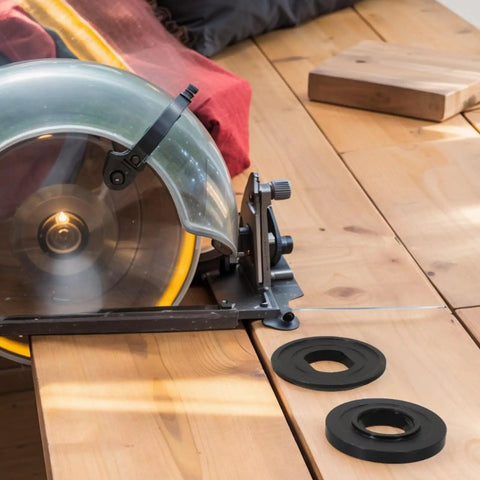 Heavy Duty Flange Washer Set For Circular Saw Blades Outer 224409-4 And Inner 224412-5 beside saw on wooden table