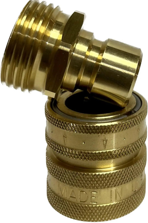 Solid Brass Garden Hose Quick Connector Made In The USA Heavy Duty Quick Connect Fitting For Five Eighths Inch And Three Quarter Inch Hoses Durable Anti Leak Easy On Off Corrosion Resistant Hose Adapter For Outdoor Watering