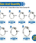 Ultimate Stainless Steel Hose Clamp Kit, 120 Pcs, Adjustable 1/4 To 1/2 Inch Worm Gear Clamps with size chart.