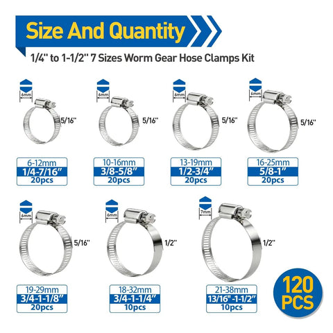 Ultimate Stainless Steel Hose Clamp Kit, 120 Pcs, Adjustable 1/4 To 1/2 Inch Worm Gear Clamps with size chart.