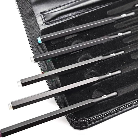 Seven Piece Hardness Test Kit For Rocks And Gems With Portable Scratch Pen Set 3 To 9 Mohs Includes Durable Storage Box For Easy Carry Grab And Go Mineral ID For Industrial Use And Gem Jade Testing, black pens