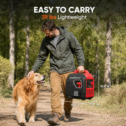 Man walking dog carrying 2500W Portable Inverter Generator Gas Powered Quiet And Parallel Ready With 30A Outlet CO Guard