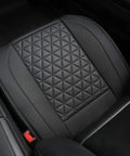 Premium Faux Leather Front Bottom Car Seat Cover With Grippy Anti Slip Wrap Around Lower Cushion Protector Durable Wear Resistant Water Repellent Fits Most Vehicles 1 Piece Black, showing quilted pattern and snug fit on car seat.