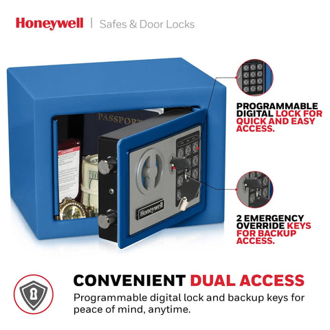 Bolt Down Small Safe Box With Digital Lock For Home And Office open showing passport and valuables, blue finish, dual access next to lock details.