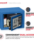 Blue safe with digital lock, dual access option, visible passport and items inside, Honeywell branding, door open view