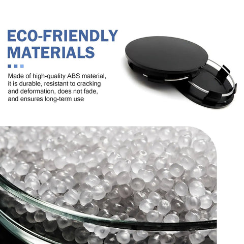 Quartet Of Sleek Black Wheel Center Caps Crafted From Hella Durable Abs, showing matte black cap and ABS beads for durability.