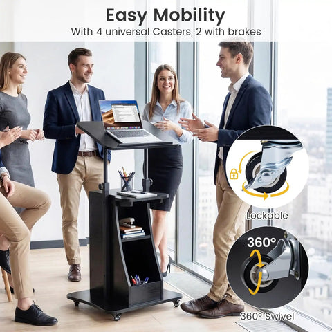 Slick Height Adjustable Standing Desk With Smooth Rolling Casters, Tilting Lectern Stand in modern office with professionals.