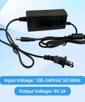 9V DC Power Adapter For Alesis Drums And Keyboards, 2.0A Output, 100 To 240V AC Input, black charger with specifications shown