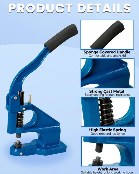 Pro Grade Grommet Tool Kit With Eyelet And Rivet Press Three Dies One Quarter One Half And 1500 Grommets Hand Press Machine details