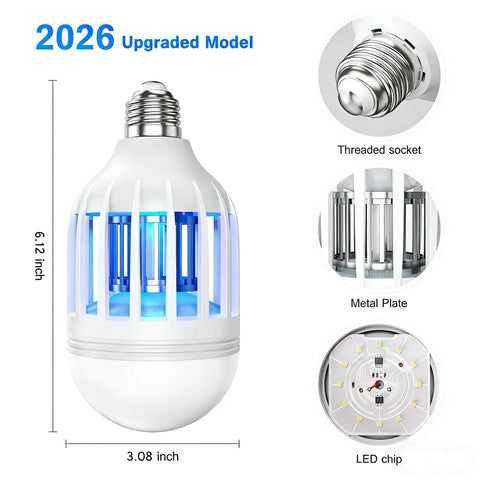 Front and detail view of 2 In 1 Mosquito Killer Lamp LED Bug Zapper Bulb for indoor and outdoor use with size dimensions and components.