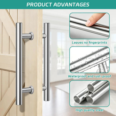 24 Inch Barn Door Handle Built Like A Tank With Heavy Duty 304 Stainless Steel Smooth Gliding Pull Bar showing waterproof features and quality.
