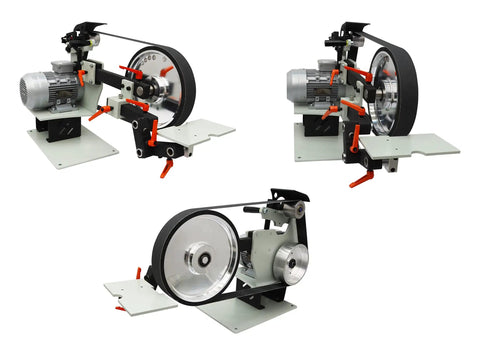 Professional Grade Variable Speed Belt Sander Bench Grinder with motor and three belts for knife sharpening and metal polishing.