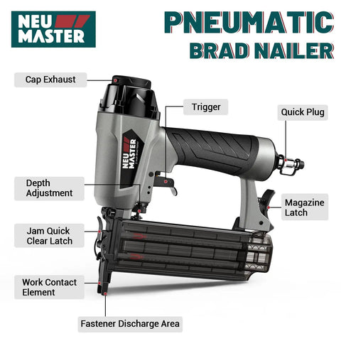 Top Shelf 18 Gauge Brad Nailer Pneumatic Nail Gun Complete Carpenter Kit features depth adjustment and magazine latch.