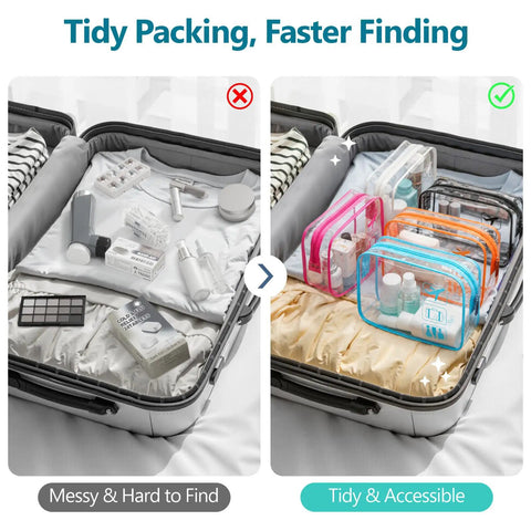 Comparison of a messy suitcase and an organized suitcase with TSA Approved Clear Toiletry Bags Set, 5 Pack In 5 Colors inside.